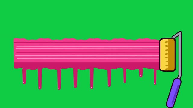 Cartoon paint roller painting pink stripe on green screen