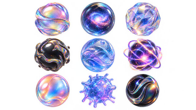 Collection of Levitating Colorful Iridescent Orbs, Abstract 3D Spheres with Holographic Rainbow Reflections, Floating Glossy Balls