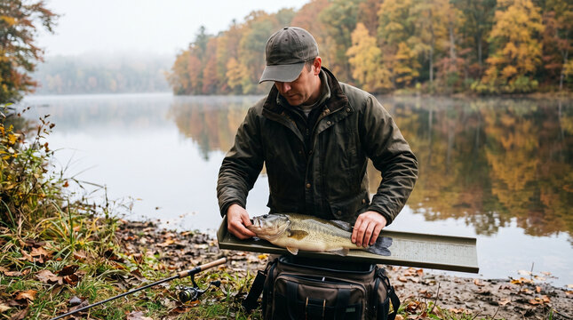 Man measuring caught bass fish in autumn lake during fishing  