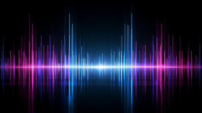 Neon sound wave equalizer pulses with vibrant pink and blue light isolated on transparent background. Digital music concept for audio technology ads.