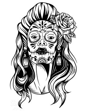 Day of the Dead Sugar Skull Woman Portrait with Rose Flowers Vector Illustration