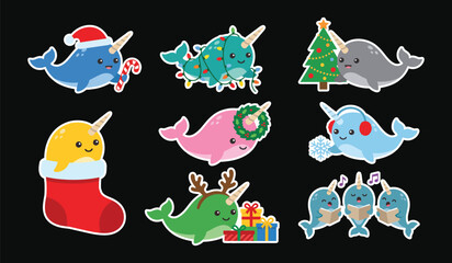 Cute cartoon narwhals celebrating winter holidays in white background with arctic animal sea creature marine mammal holiday season santa hat candy cane christmas tree © Star_Pixels11