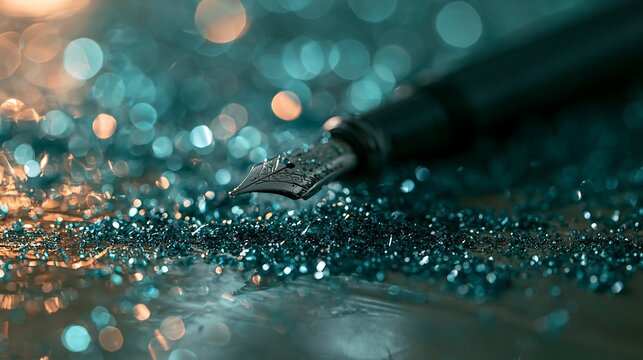 Elegant fountain pen nib glistening amidst teal glitter and ethereal bokeh lights, isolated on transparent background. Perfect for creativity, luxury, and artistic expression.