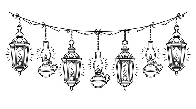 vector Ramadan lantern garland illustration with hanging lamps in black and white line art style for Eid festive greeting cards, banners, and coloring page designs Christmas