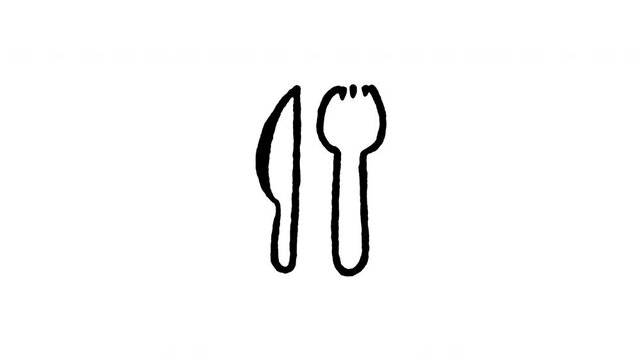 Animated doodle icon of disposable plastic fork and knife cutlery for takeout food.
