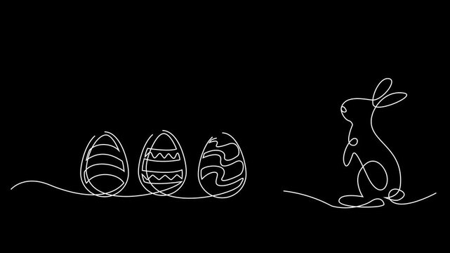 Continuous Line Drawing Animation of Easter Bunny and Three Decorated Eggs on Black Background