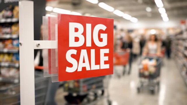 Big Sale Sign with Shoppers and Carts in Background: Capturing busy store dynamics during a major discount event and the rush of cart-filled shoppers

