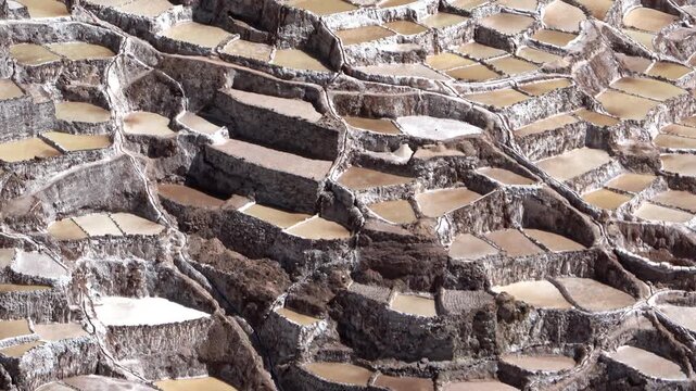 Detailed View of Terraced Salt Evaporation Ponds at Salineras de Maras, Peru