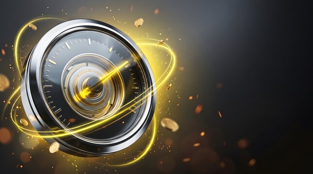 Advanced vision technology focus, Golden rings orbit the lens, Camera eye glows in dark, Ideal for surveillance insight backgrounds