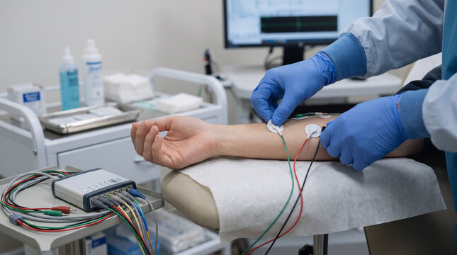 close-up of a neurophysiology technician's gloved hands attaching surface electrodes and adjusting a modern electromyography system, electrode leads and compact signal acquisition module
