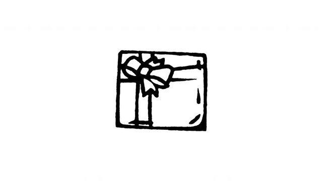 Animated doodle icon of a wrapped flat top gift box present tied with ribbon.