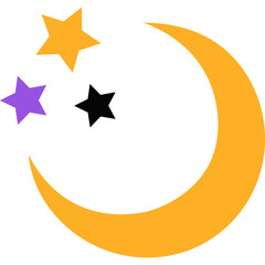 Minimalist graphic illustration of a crescent moon and colorful stars representing a peaceful night sky and bedtime concepts.   © Nauman