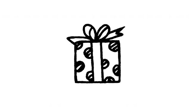 Animated doodle icon of a wrapped gift box present with a polka dot pattern.