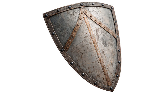 Ancient medieval steel kite shield knight warrior combat protection, isolated on transparent background.