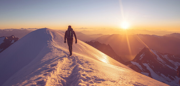 Person with backpack trekking on a snow covered alpine ridge at dawn, a challenging adventure and outdoor exploration