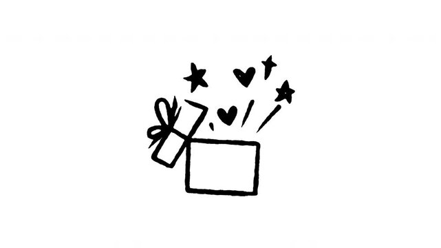 Animated doodle icon of unboxing a gift box with magic sparkle star effects.