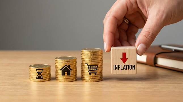 Decreasing inflation concept with stacks of coins and wooden block
