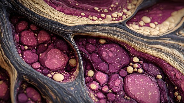 Abstract organic fluid art background featuring magenta violet cell patterns and shimmering gold dust swirl layers.