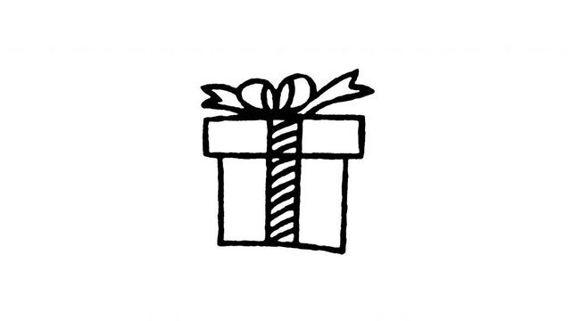 Animated doodle icon of a beautifully wrapped present box with ribbons.