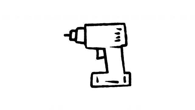 Animated doodle icon of a cordless electric power drill machine for construction.