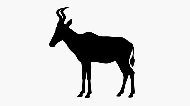 Black silhouette of a hartebeest standing isolated on a white background for wildlife design projects