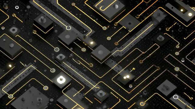A close-up of a complex circuit board with intricate golden lines and square components. The dark background highlights the glowing pathways and futuristic design.