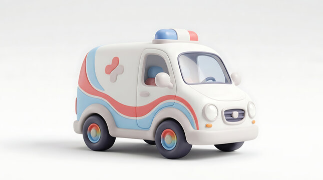 A charming 3D rendered illustration of a cute white toy ambulance with red and blue stripes and a siren on a clean white background.