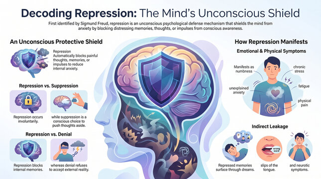 Decoding Psychological Repression: Unconscious Defense Mechanism and Mental Health Infographic Concept