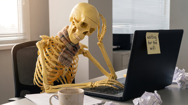 Humorous human skeleton sitting at a desk with a laptop waiting for the wifi connection to load