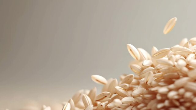 A close-up macro shot of uncooked brown rice grains, some falling gently with a soft focus background
