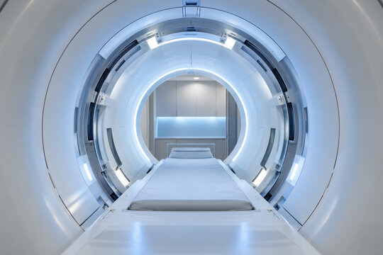 Unbranded MRI equipment showing mri bore close-up inside in a modern hospital radiology installation environment with no people. Medical technology image created with Generative AI.