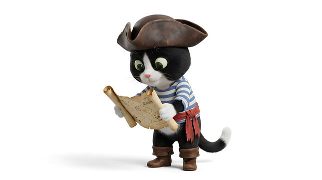 A cute black and white cat figurine dressed as a pirate, wearing a tricorn hat and striped shirt, intently examining a treasure map on a white background.