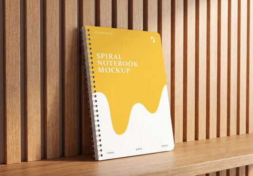 Yellow Spiral Notebook Mockup Leaning on Wooden Wall Panel