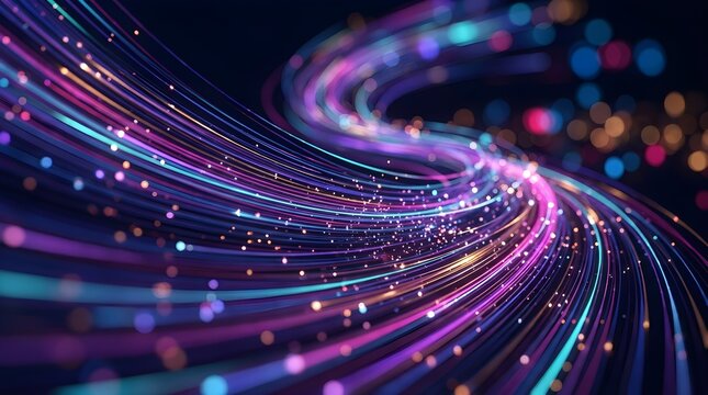 Vibrant abstract background with flowing neon light trails and glowing fiber optic particles for technology concepts