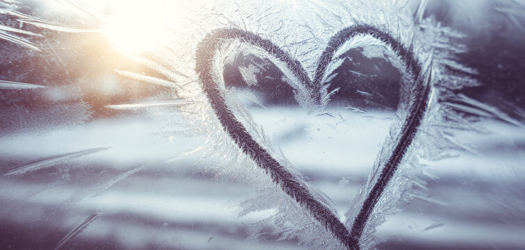 Heart drawing on a frosted window with morning sunlight creating a romantic winter atmosphere