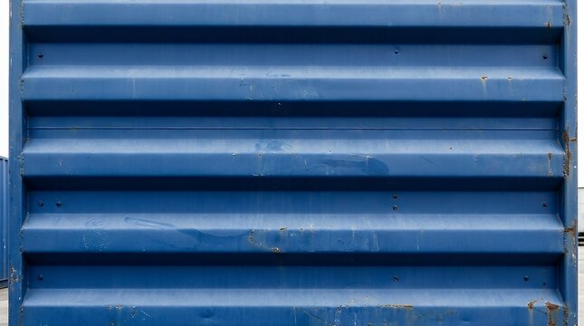 Vivid deep blue painted corrugated metal wall panelheavy shipping freight cargo container showing rugged industrial steel sheet pattern horizontal ridges and clean geometric modular texture