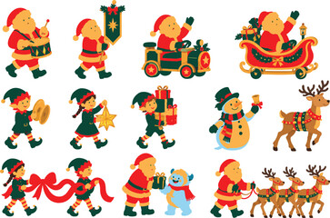 Fototapeta premium Festive christmas characters and elements in a colorful vector illustration