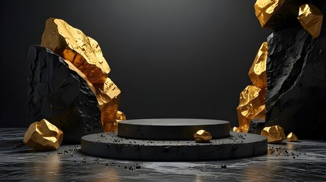 Black Stone Podium with Raw Gold Nuggets and Dark Rocks on Marble Surface for Luxury Product Display