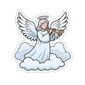 Adorable sticker of an angel with white wings, halo, and trumpet, playing peacefully amidst clouds, symbolizing heavenly music and spiritual serenity