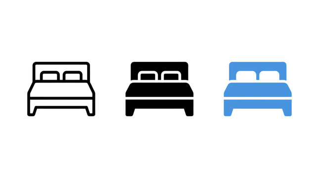 Set of double bed icons showing furniture design in outline and solid styles