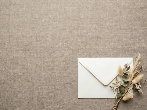 Overhead View of a White Envelope Adorned with Dried Flowers and Eucalyptus Leaves on a Textured Linen Background