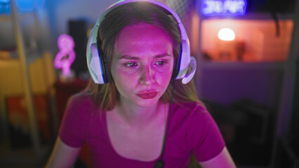 Young woman gamer in a pink shirt wearing white headphones, eyes closed and smiling while playing at a streaming studio with neon lamp  concentration. © Krakenimages.com