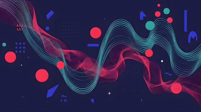 Abstract dynamic flowing neon waves background with geometric shapes and colorful fluid lines on dark blue backdrop