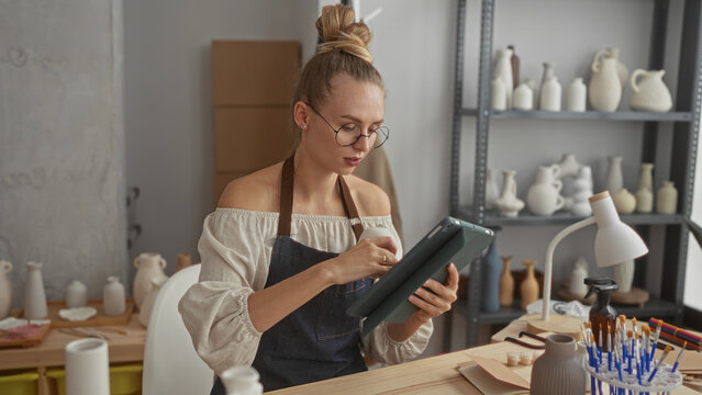 Woman inspecting ceramic vase while tapping tablet and rotating pot in pottery studio among shelves of bisque vessels; quiet contemplation.