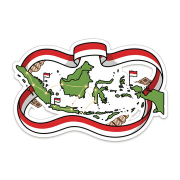 Indonesia map archipelago illustration with national red and white ribbon flag sticker design for independence day