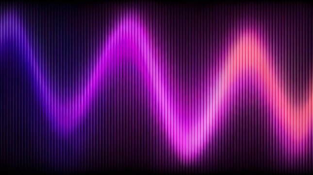 Abstract colorful neon wave lines background with glowing purple and pink frequency patterns on black background for digital music and technology