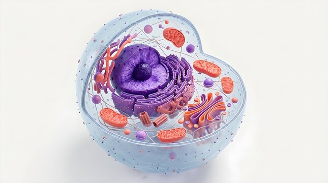 3d illustration of a eukaryotic animal cell crosssection showing internal organelles like the nucleus, mitochondria, and endoplasmic reticulum isolated on white background