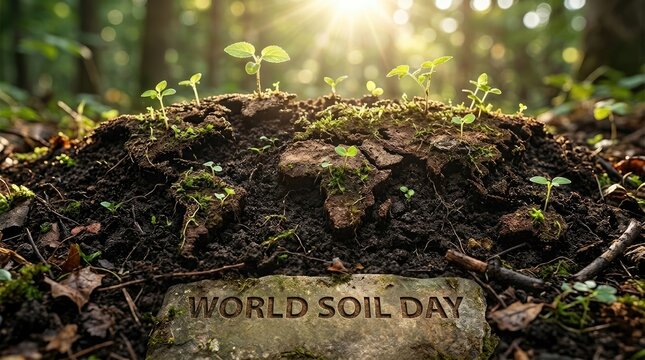 World soil day concept featuring a mound of soil shaped like a world map with tiny green sprouts growing on top in a forest at sunrise world soil day