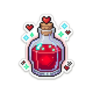 Enchanting pixel art potion bottle sticker with vibrant red liquid, sparkling aura, and floating hearts, embodying classic retro gaming aesthetics and magical fantasy designs