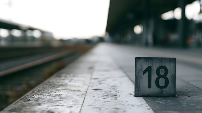 A weathered platform number sign  18  stands on a train station platform  with blurred tracks and sheltered walkway in the background